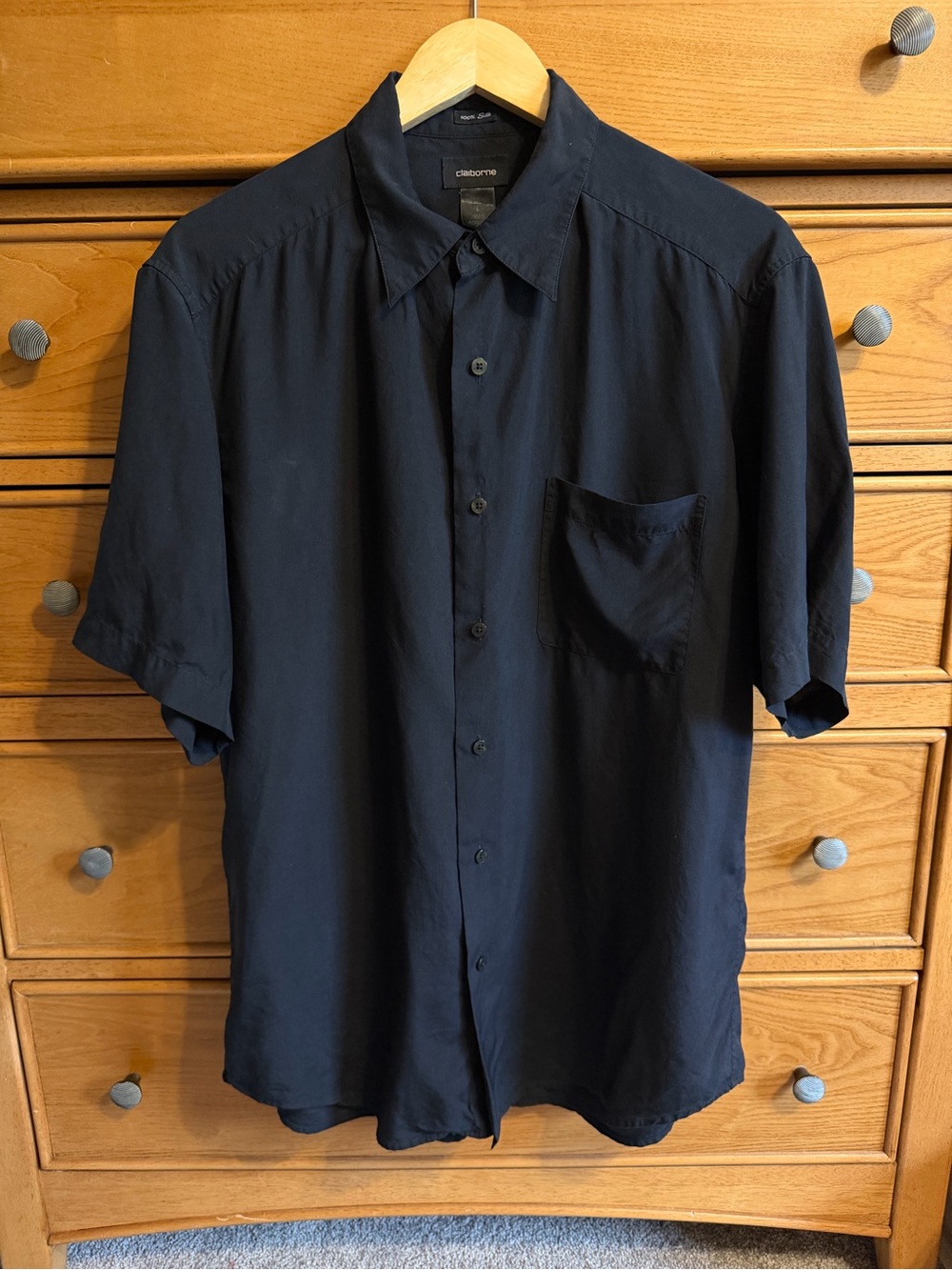 Vintage Claiborne 100% Silk Shirt Mens Size L Black Short Sleeve Button Down